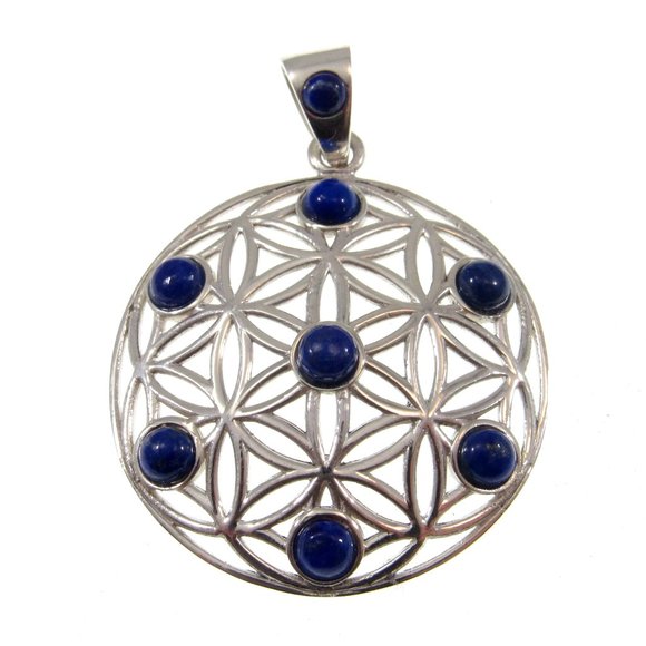 Solid 925 Sterling Silver Flower of Life Pendant with Lapis Lazuli Sacred Symbol - Picture 4 of 8